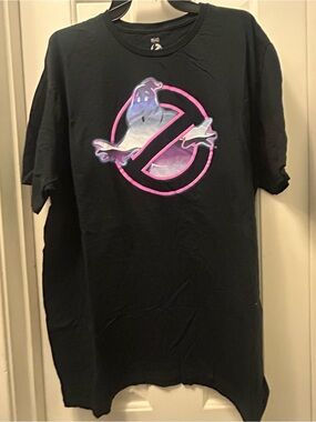 Retro Black Ghostbusters Logo Tee with Neon Pink Accent